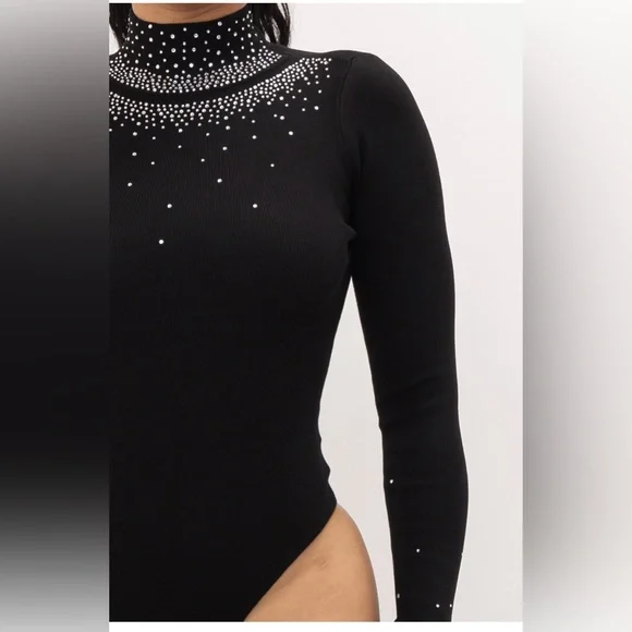 210. Violet Jeweled Turtleneck Bodysuit In Black - Picture 4 of 4
